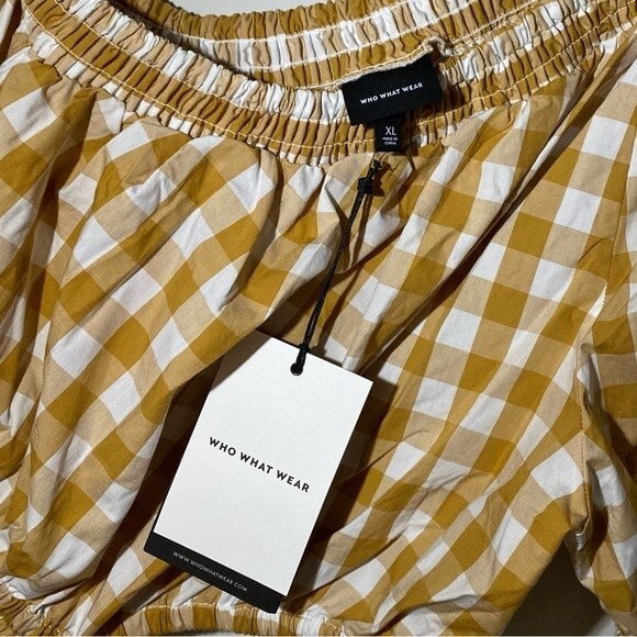 NWT Who What Wear One-Shoulder Gingham Mustard Cut Out Dress 100% Cotton Size XL - Picture 5 of 9